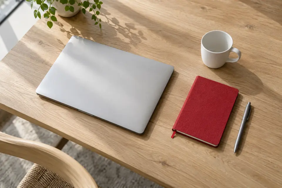 Closed laptop, red notebook and pen on an oak meeting table