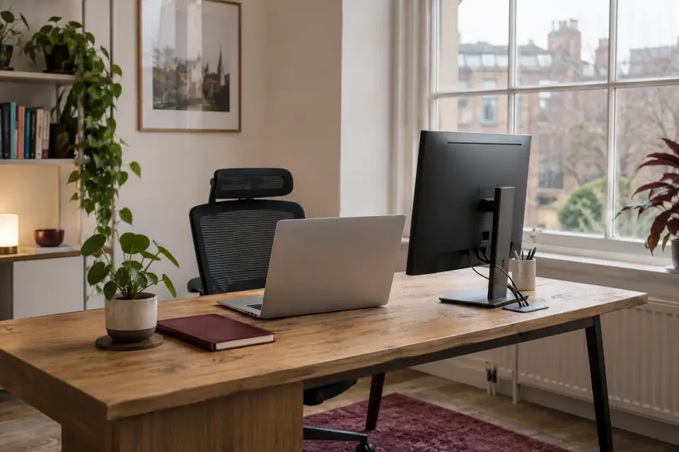 Office workspace with a laptop and monitor beside a window
