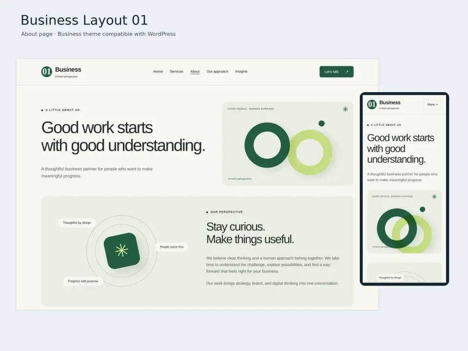 Business Layout 01 theme about page displayed on desktop and mobile.