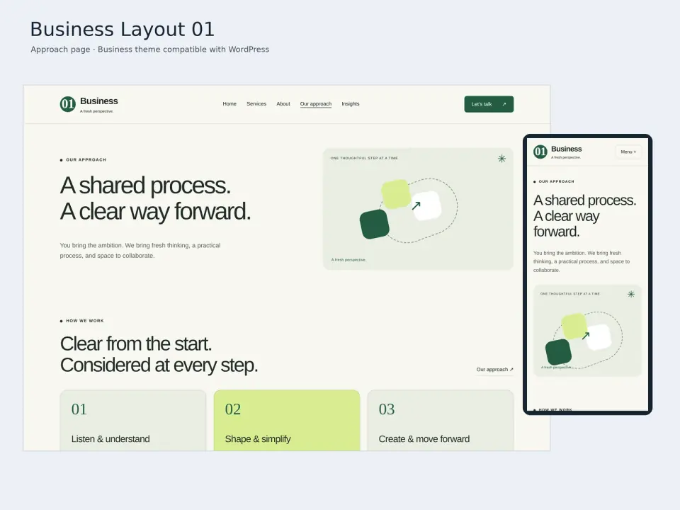 Business Layout 01 theme approach page displayed on desktop and mobile.