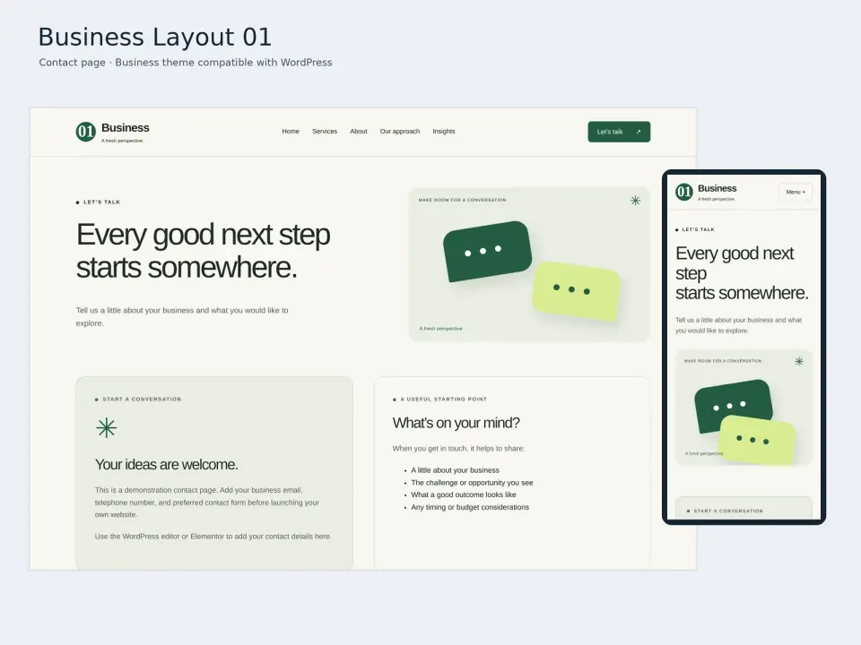 Business Layout 01 theme contact page displayed on desktop and mobile.