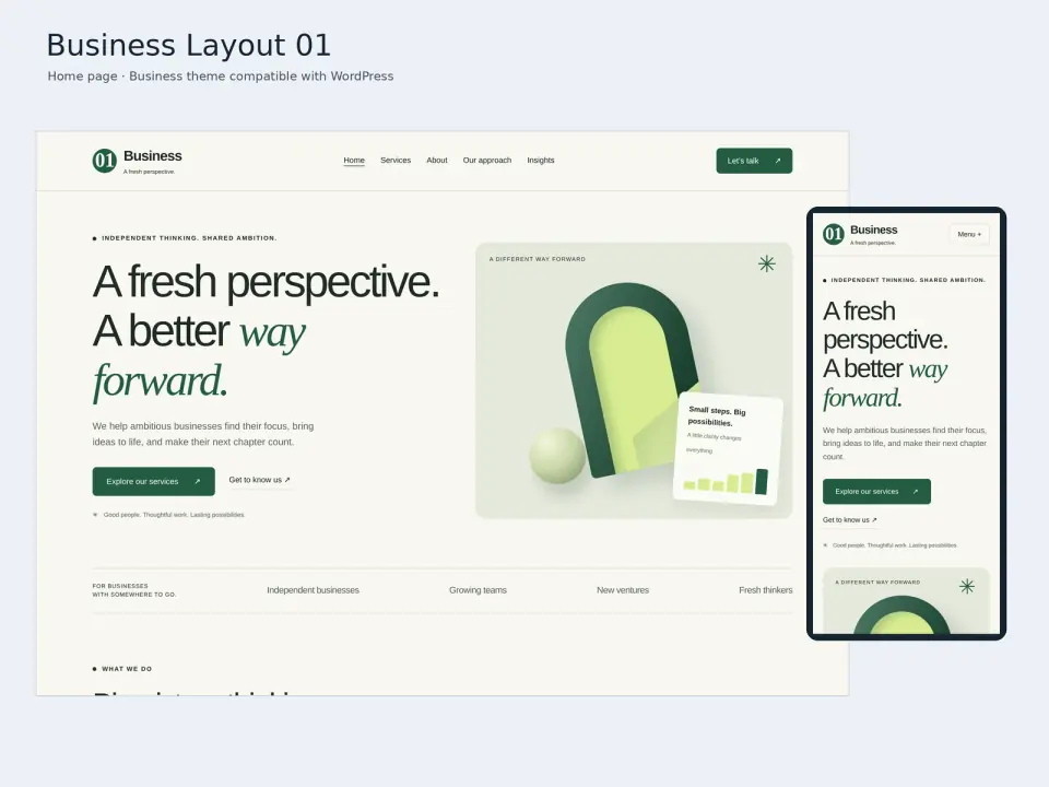 Business Layout 01 theme home page displayed on desktop and mobile.