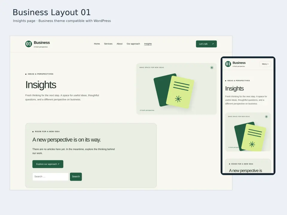 Business Layout 01 theme insights page displayed on desktop and mobile.