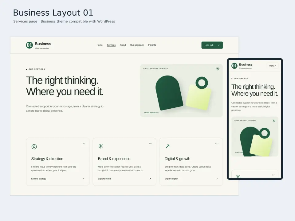 Business Layout 01 theme services page displayed on desktop and mobile.