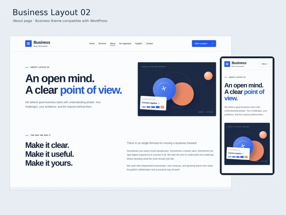 Business Layout 02 theme about page displayed on desktop and mobile.