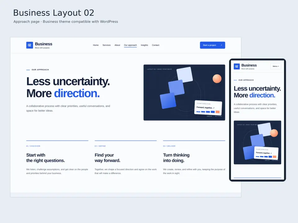 Business Layout 02 theme approach page displayed on desktop and mobile.