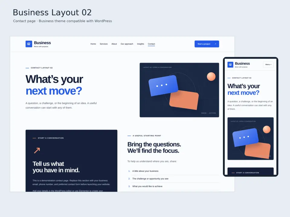 Business Layout 02 theme contact page displayed on desktop and mobile.