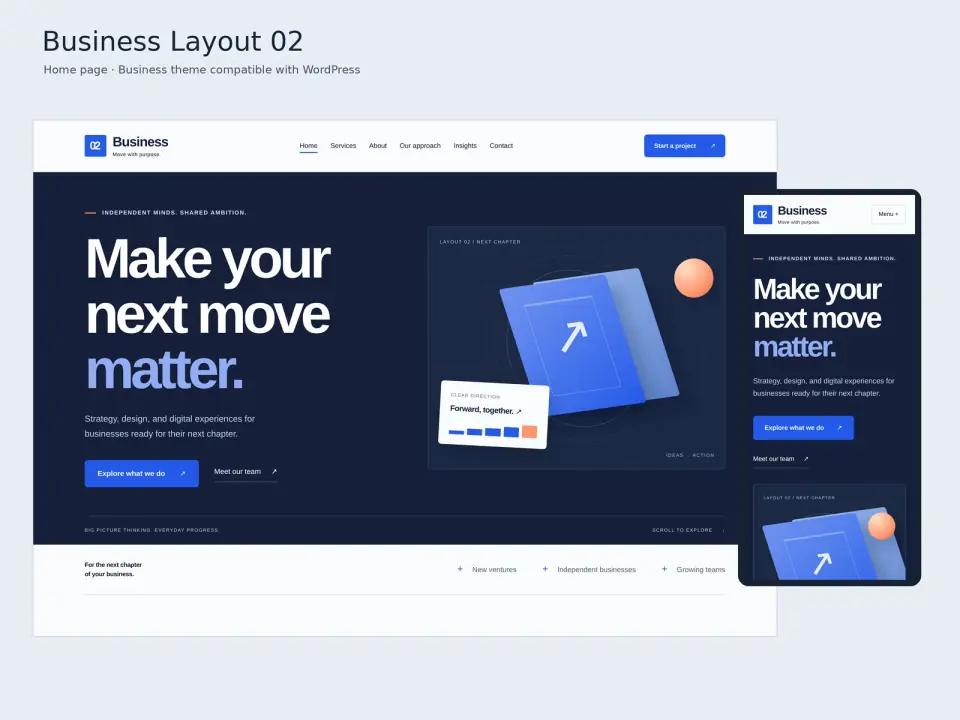Business Layout 02 theme home page displayed on desktop and mobile.