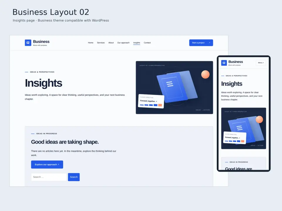 Business Layout 02 theme insights page displayed on desktop and mobile.