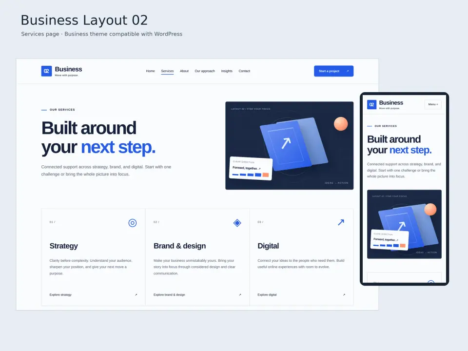 Business Layout 02 theme services page displayed on desktop and mobile.