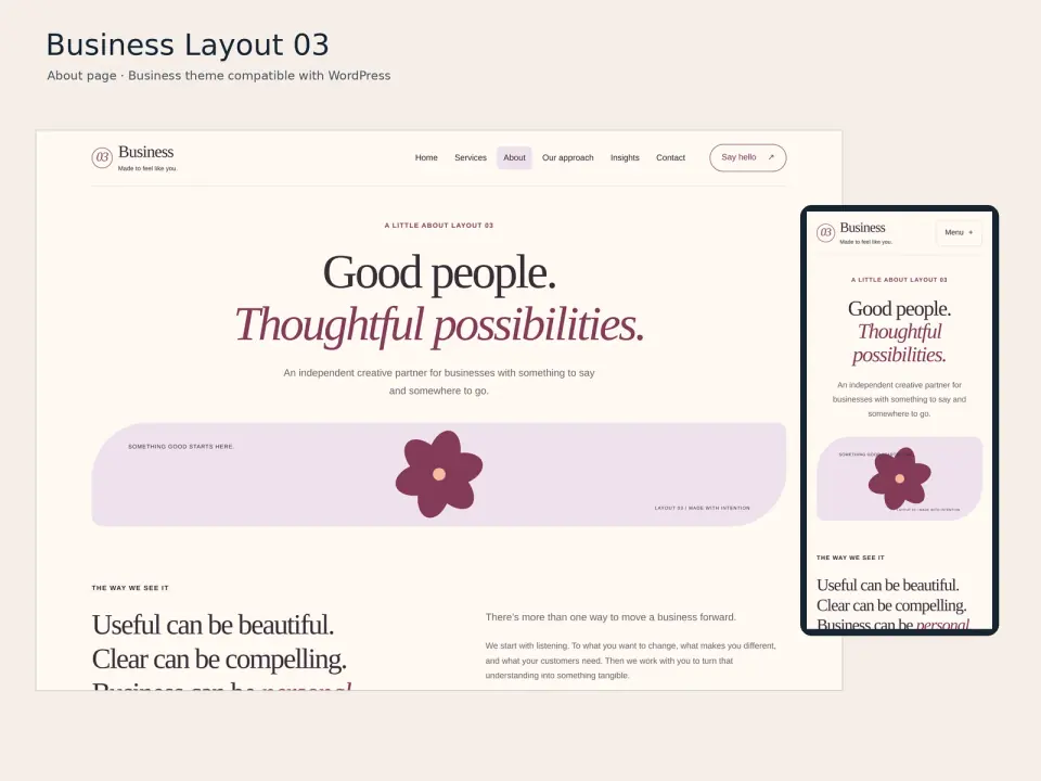 Business Layout 03 theme about page displayed on desktop and mobile.
