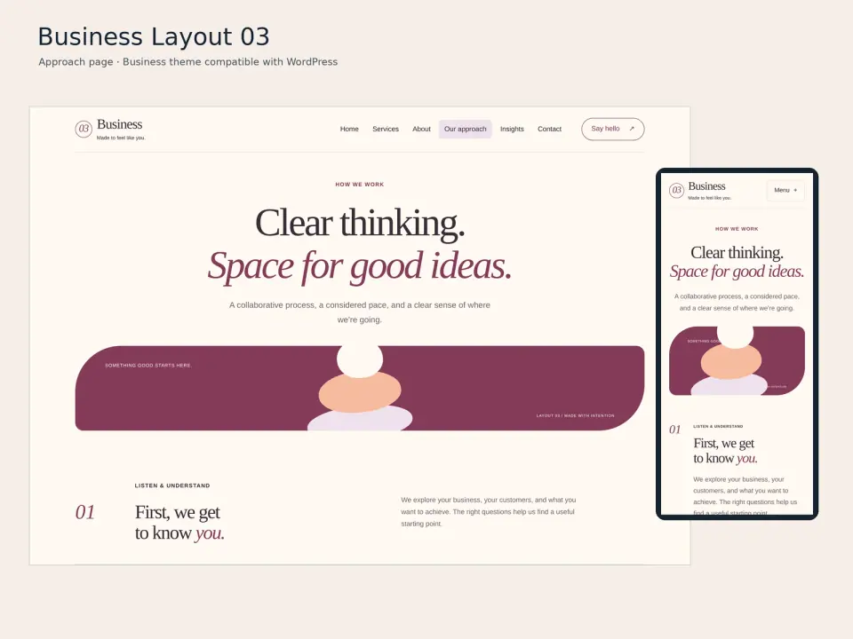 Business Layout 03 theme approach page displayed on desktop and mobile.