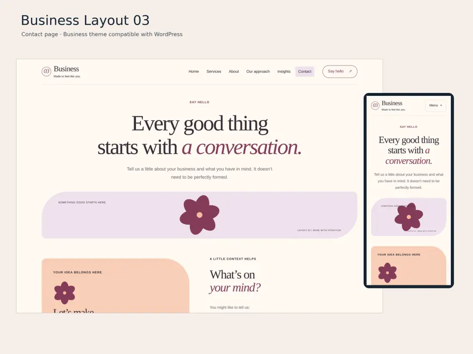 Business Layout 03 theme contact page displayed on desktop and mobile.