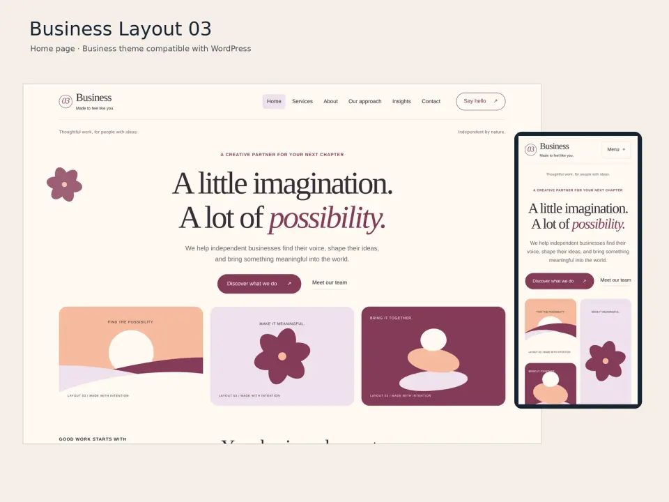 Business Layout 03 theme home page displayed on desktop and mobile.