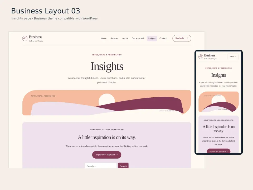 Business Layout 03 theme insights page displayed on desktop and mobile.