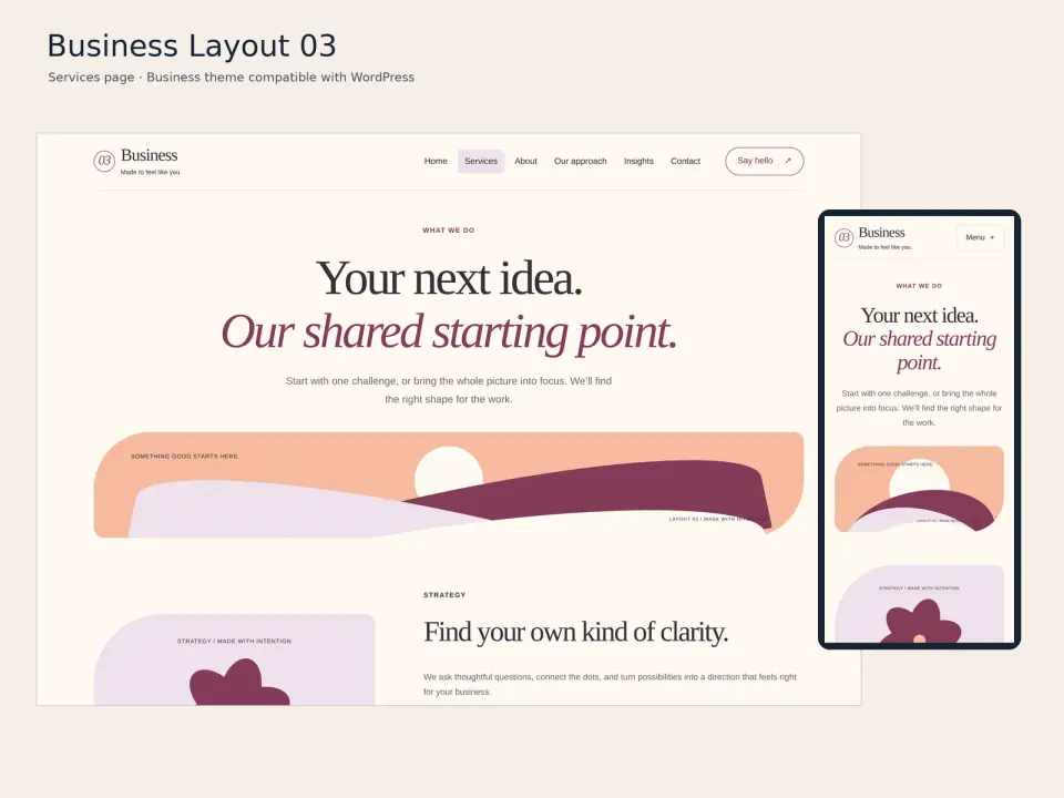 Business Layout 03 theme services page displayed on desktop and mobile.