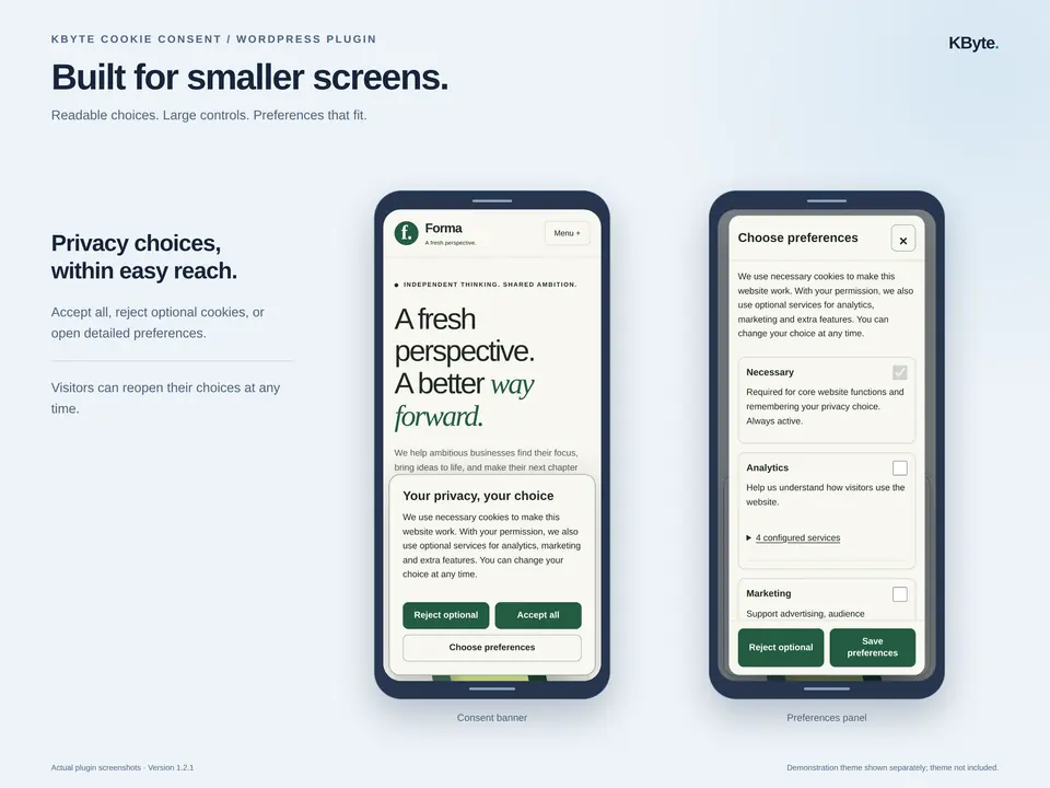 Mobile cookie banner and preferences dialog for KByte Cookie Consent.