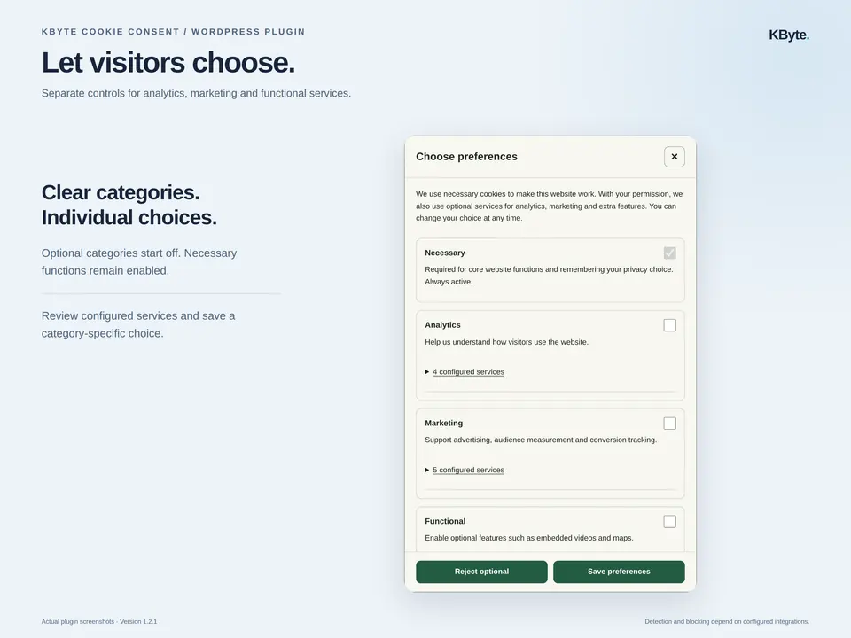 KByte Cookie Consent preferences dialog showing category controls and configured services.