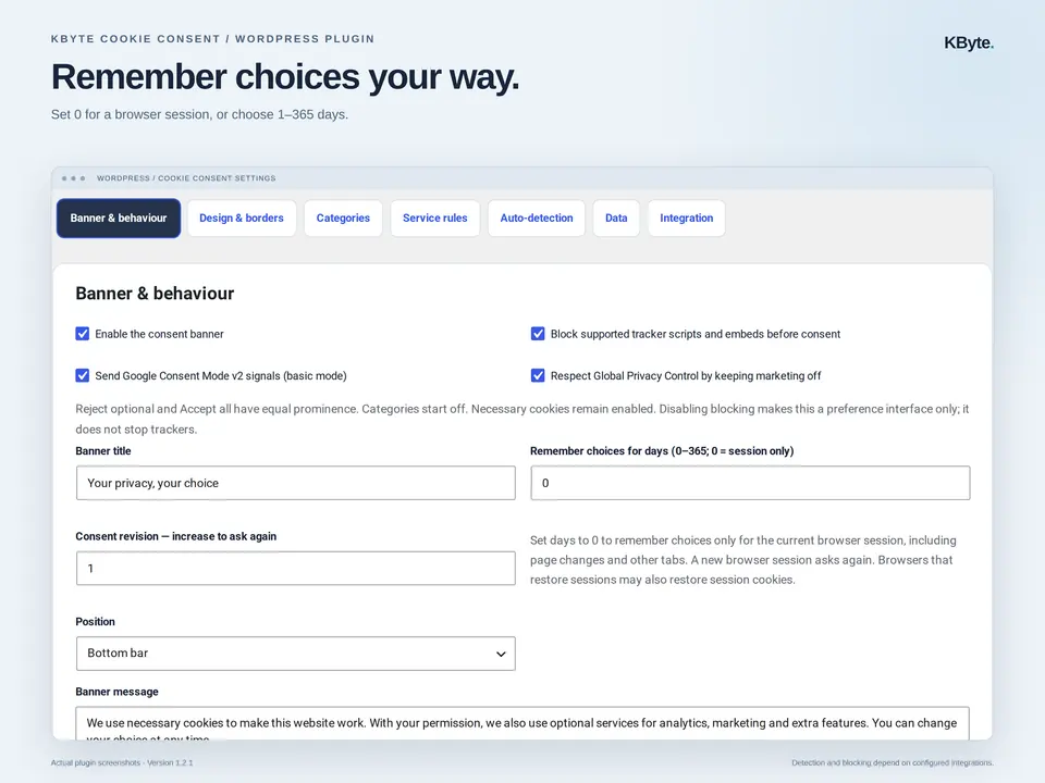 KByte Cookie Consent settings showing the zero-day browser-session option and timed consent duration.
