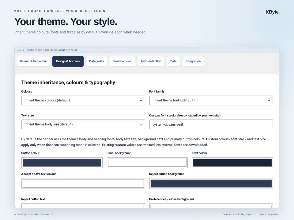 KByte Cookie Consent design settings showing theme colour, font and text-size inheritance with custom overrides.