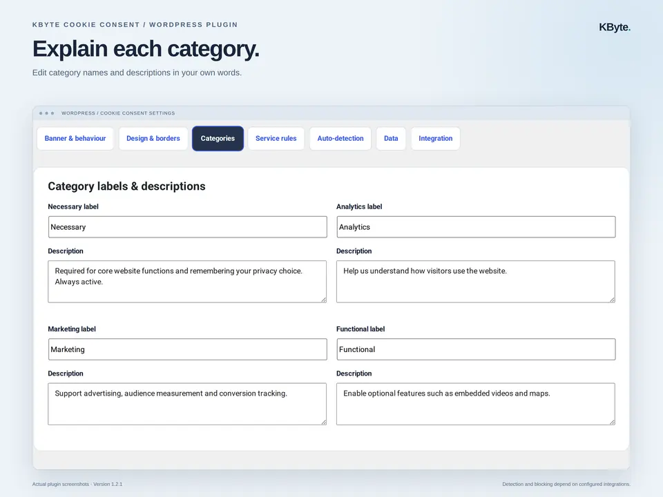KByte Cookie Consent category settings for necessary, analytics, marketing and functional cookies.