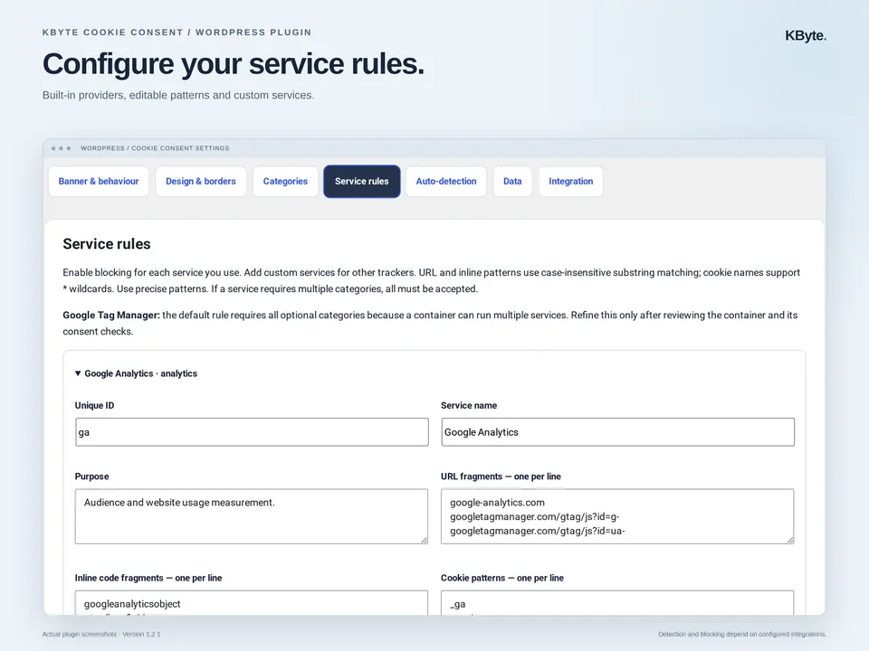 KByte Cookie Consent service-rule editor with Google Analytics configuration expanded.