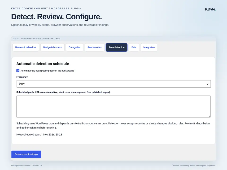 KByte Cookie Consent automatic detection settings and public-page scanner controls.
