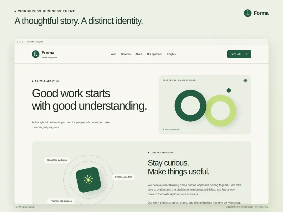 About page featuring linked-ring CSS artwork and a business introduction.
