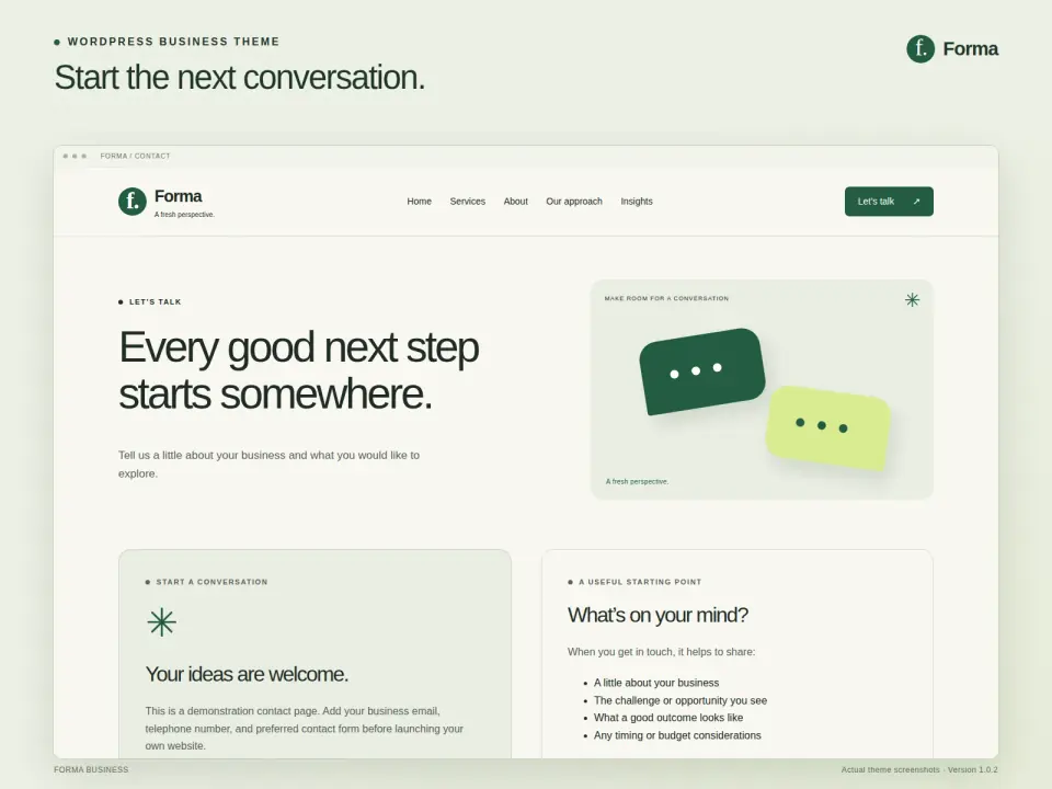 Contact starter page with original CSS conversation artwork and editable information panels.