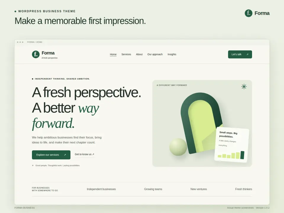 Forma Business homepage with a green abstract arch, service cards and business introduction.