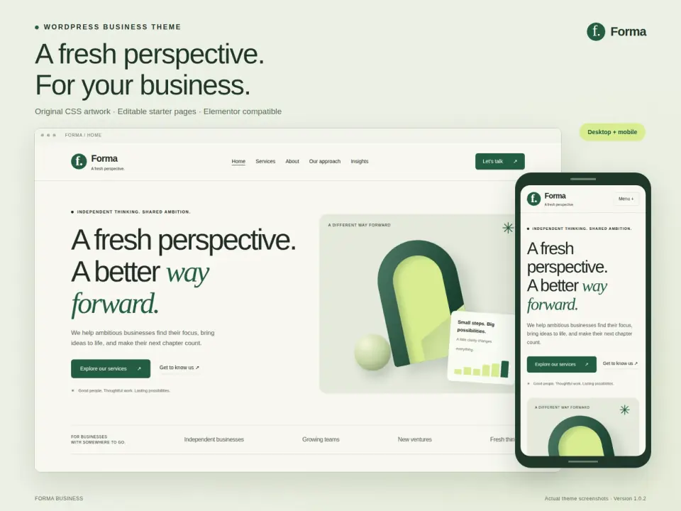 Home page on desktop and mobile, with original green CSS artwork.