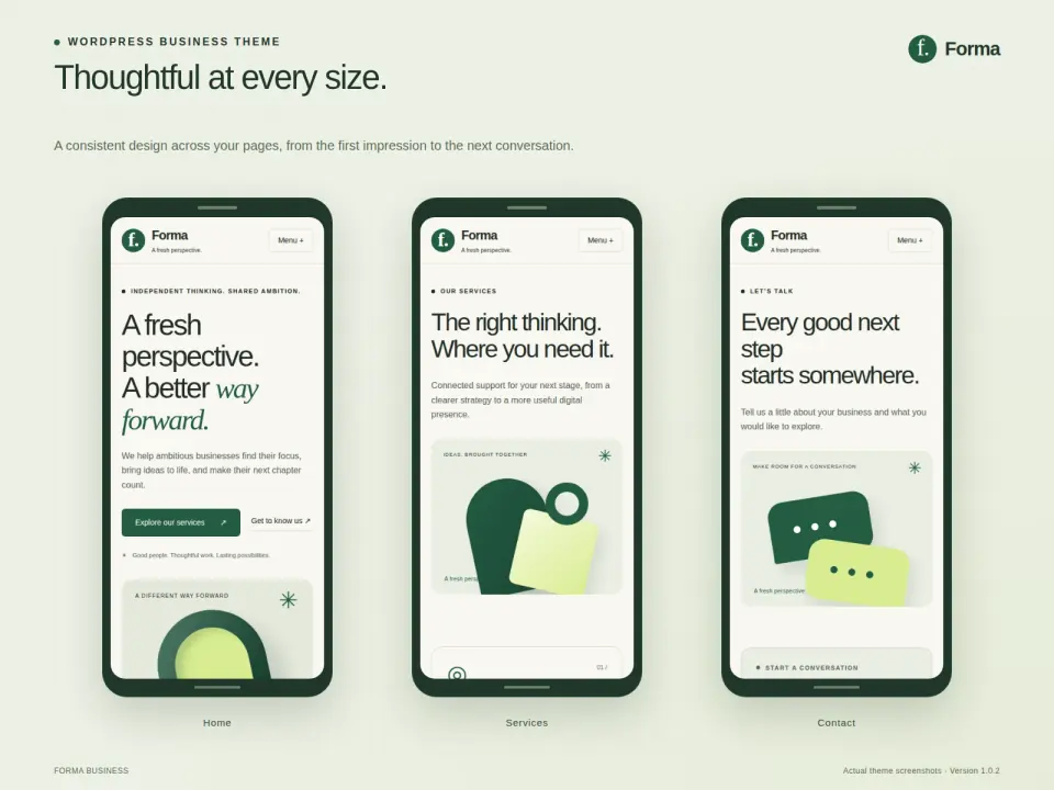 Three mobile previews showing the home, services and contact pages.