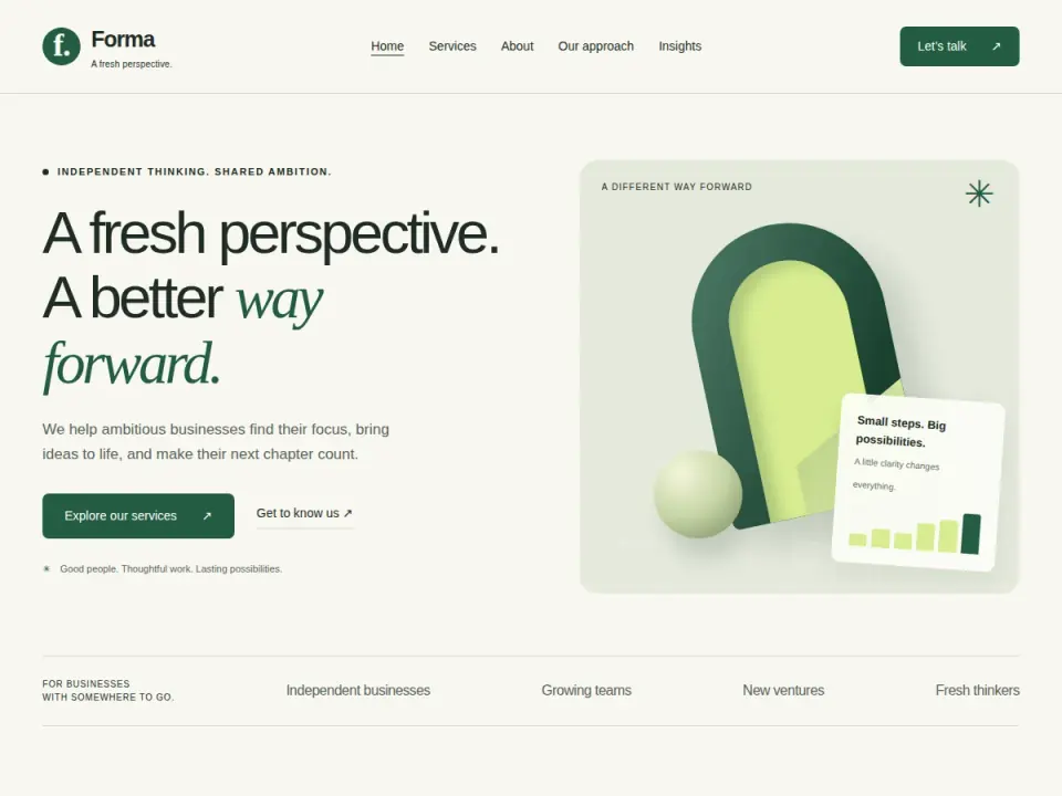 Forma Business homepage with green geometric artwork, navigation and service sections.