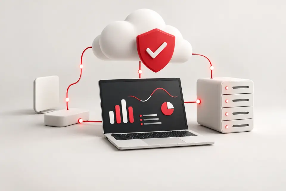 Illustration of a laptop, server and cloud connected by red lines, with a shield representing secure business IT