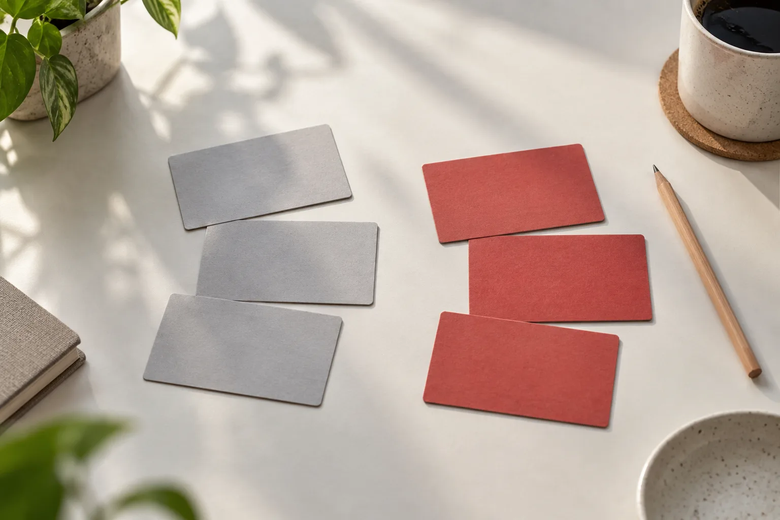 Blank grey and muted red planning cards arranged in two groups beside a pencil