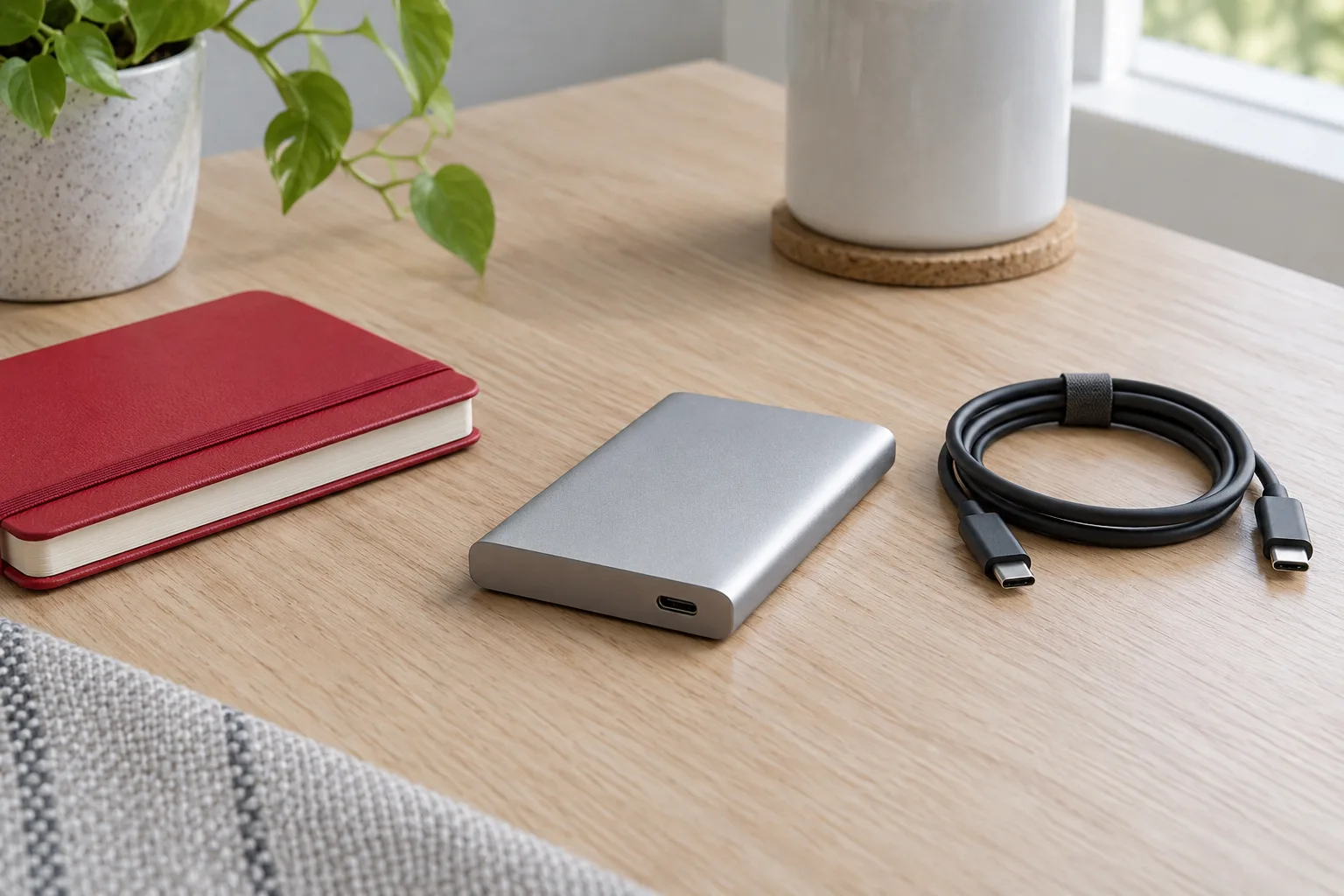 Silver external solid-state drive and coiled USB cable on an oak desk beside a red notebook