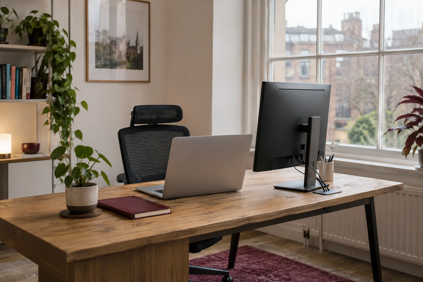 Office workspace with a laptop and monitor beside a window