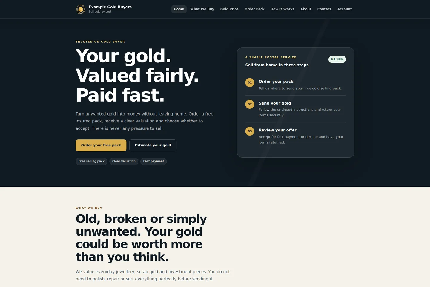 Homepage preview of the WordPress theme for gold buyers with gold-selling steps and pack request buttons