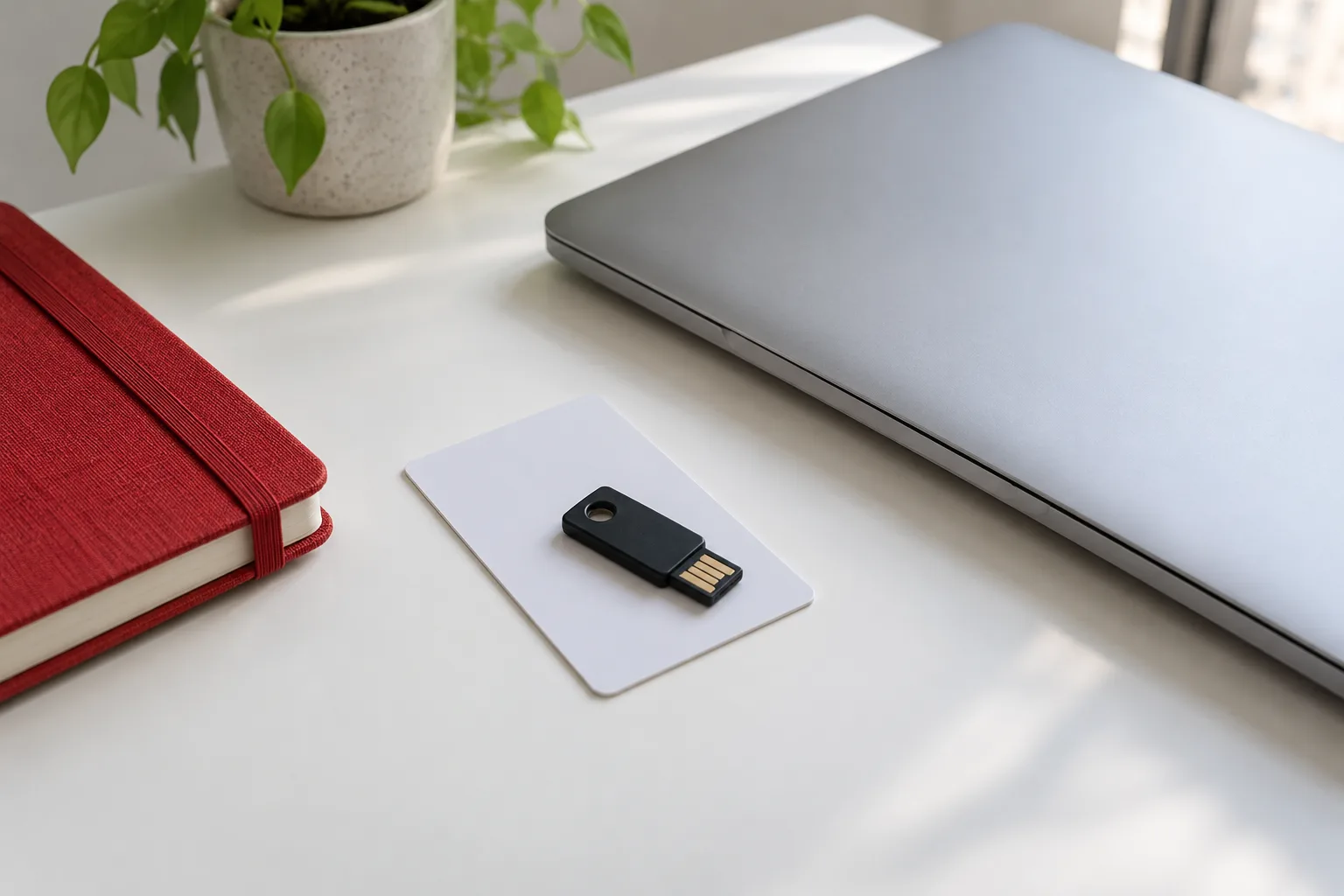 Black USB security key on a white access card beside a closed laptop and red notebook