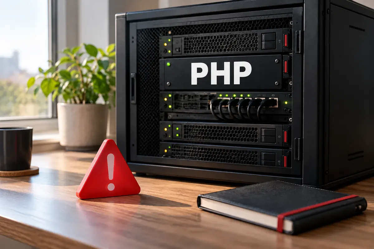 Server rack labelled PHP beside a red warning triangle and a closed notebook