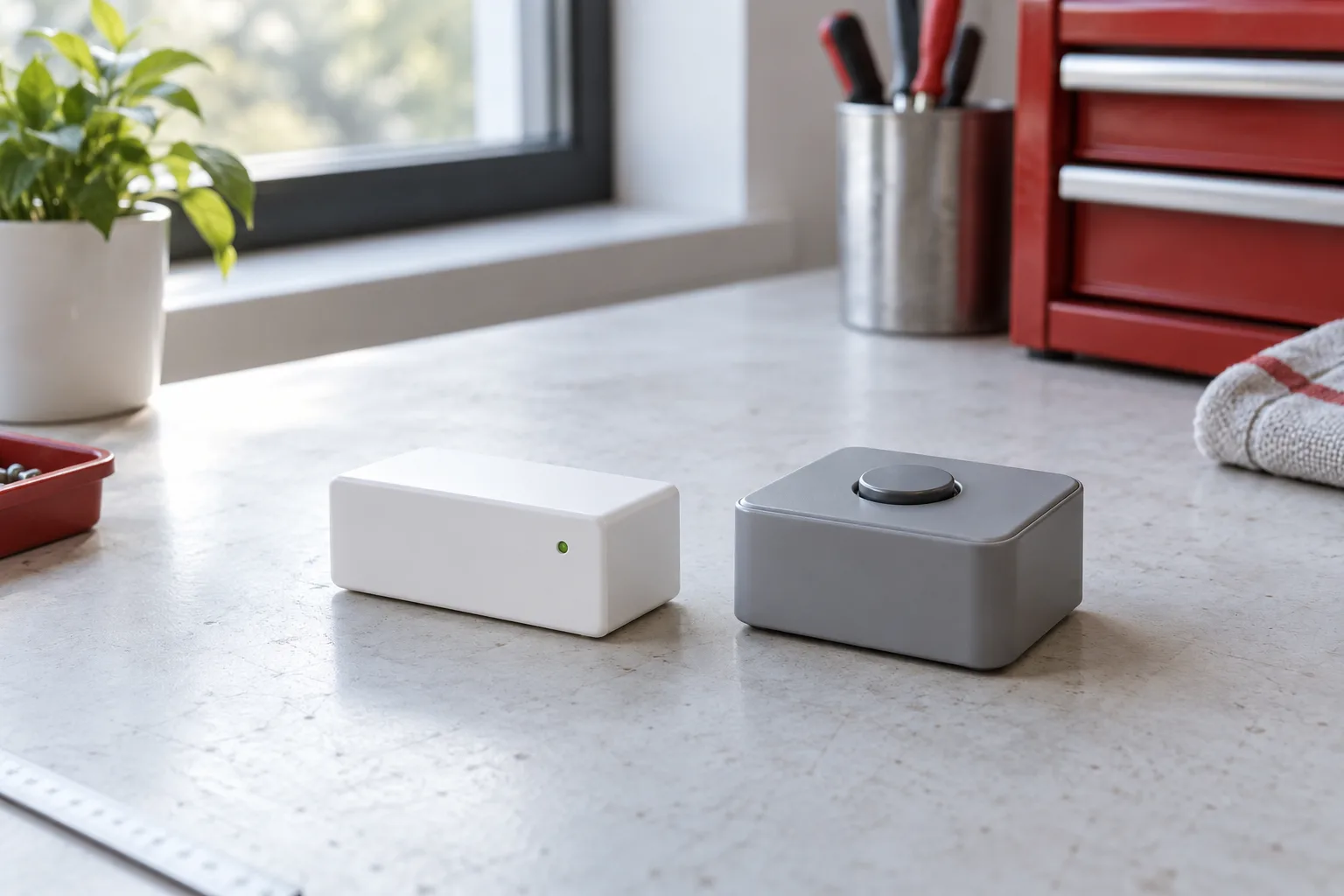 White sensor enclosure with a small green indicator beside a grey control box on a workbench