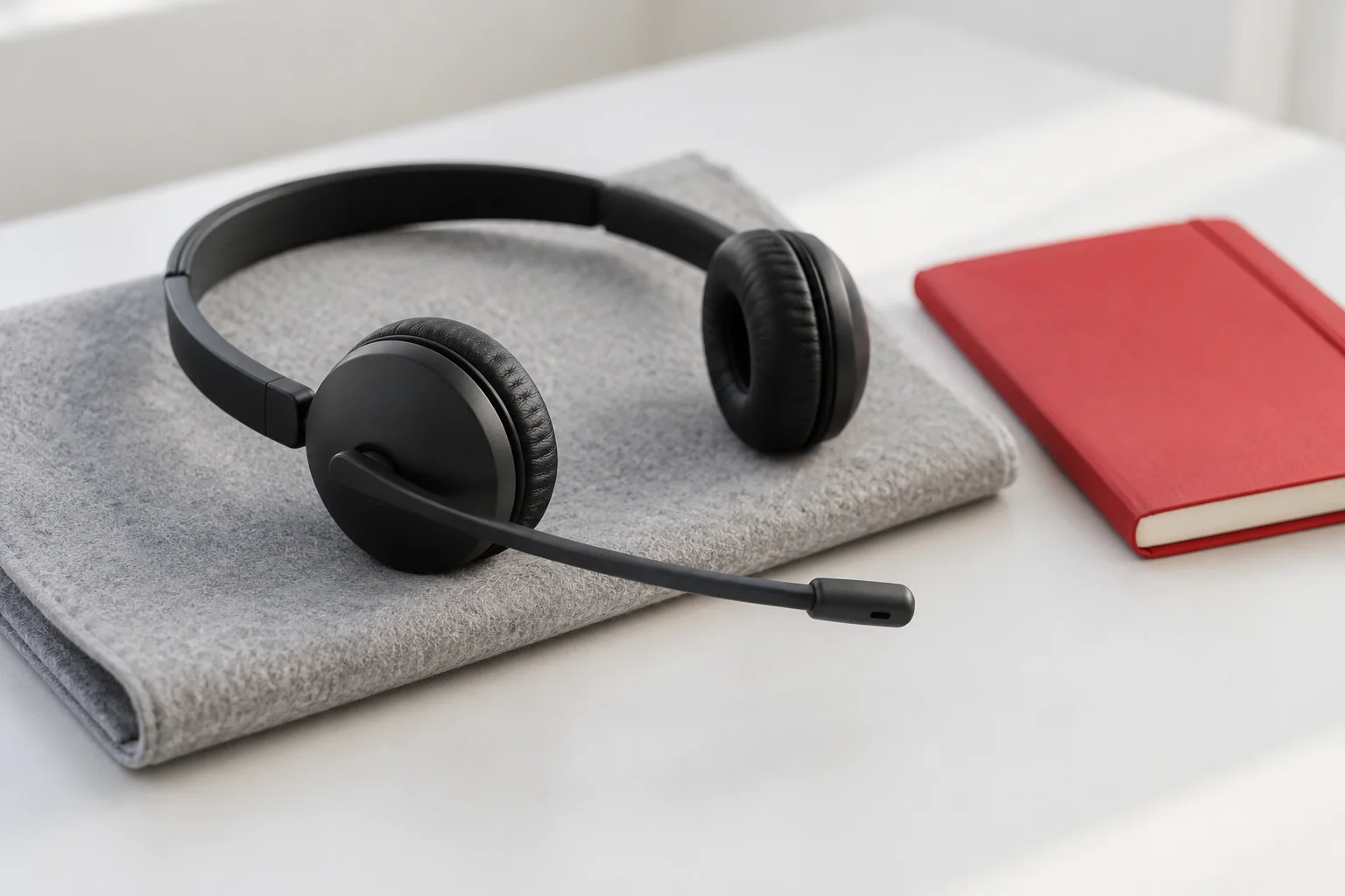 Office headset beside a red notebook on a light desk