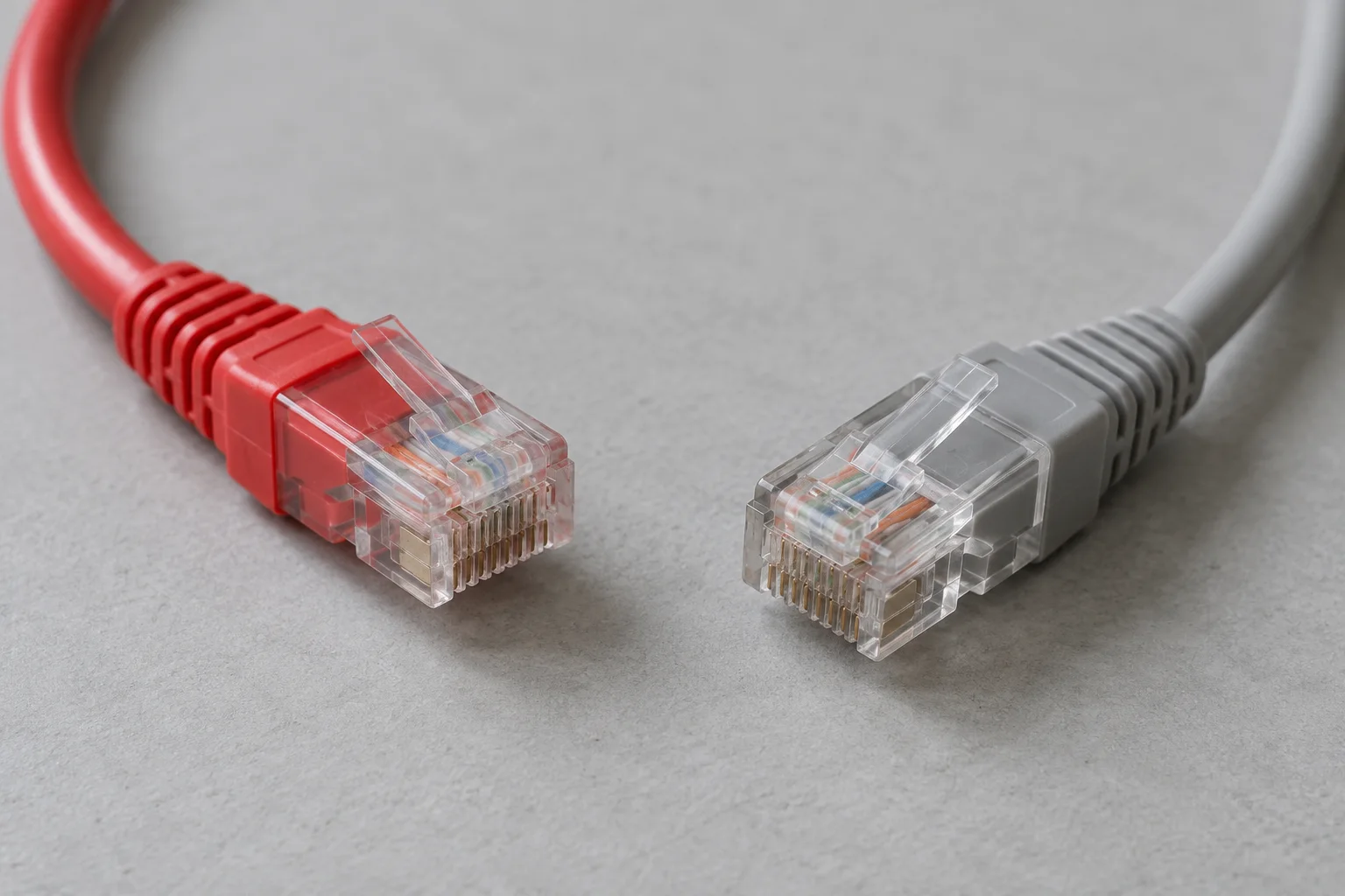 Red and grey Ethernet cable connectors on a desk