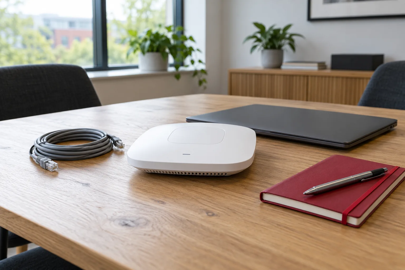 White Wi-Fi access point and grey Ethernet cable beside a closed laptop and red notebook on an office table