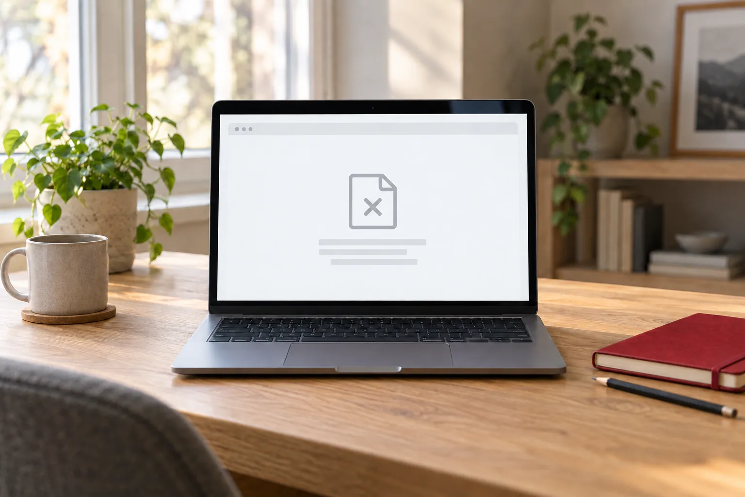 Laptop displaying an unavailable webpage symbol on an oak desk beside a red notebook and a plant